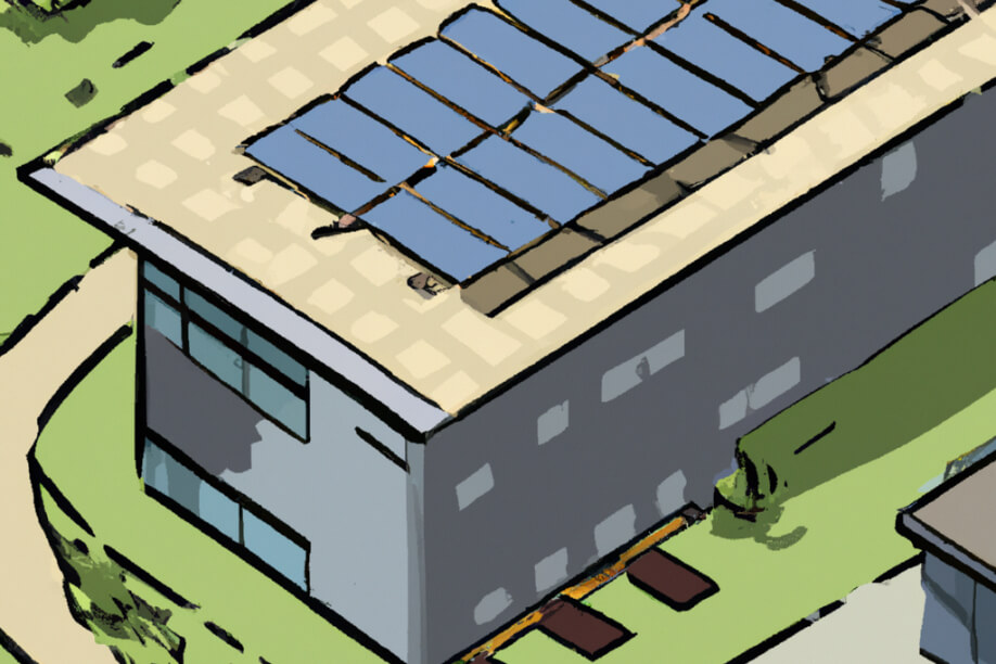 Sicht von oben auf ein Dach einer Gewerbeimmobilie mit Photovoltaikanlage